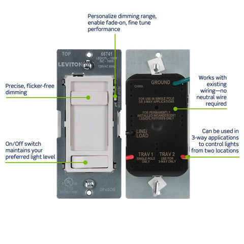 Front and back view of SureSlide LED Dimmer Switch for 150W Dimmable LED Halogen and Incandescent Bulbs and Fixtures White