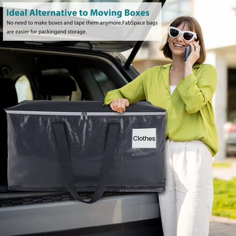 Woman holding Heavy Duty Collapsible Moving Bags 93L 8-Pack With Strong Zippers And Durable Handles near car trunk