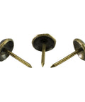 Top Shelf Antique Brass Upholstery Tacks, Hammered Furniture Nails For Couch Repair, 7 16 Inch, showing three nails with a dome head.