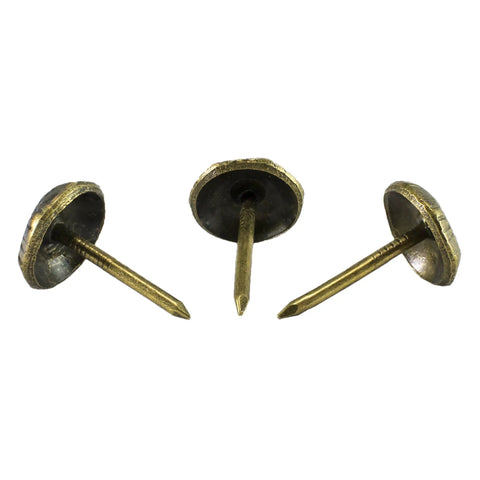 Top Shelf Antique Brass Upholstery Tacks, Hammered Furniture Nails For Couch Repair, 7 16 Inch, showing three nails with a dome head.