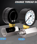 Meanlin 0–100 psi air test gauge with 3/4 FNPT and 1/8 NPT fittings, brass adapters.