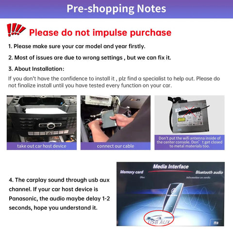 Installation instructions and notes for the Wireless CarPlay And Android Auto Plug And Play No Fuss Retrofit Kit For Mercedes Benz S Class W222 2014 2020 NTG5 0 System CarPlay Interface Decoder OEM Integration MirrorLink Backup Camera Support