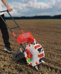 Walk Behind Garden Seeder Tool With 7 Nozzles, Manual Seed Spreader with durable build in use on farmland