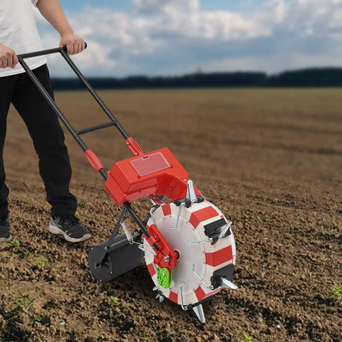Walk Behind Garden Seeder Tool With 7 Nozzles, Manual Seed Spreader with durable build in use on farmland