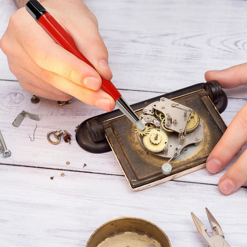Using Drilling Cleaning Pen With Fiberglass Brush And Precision Abrasive Stick for watch gear dust removal and maintenance