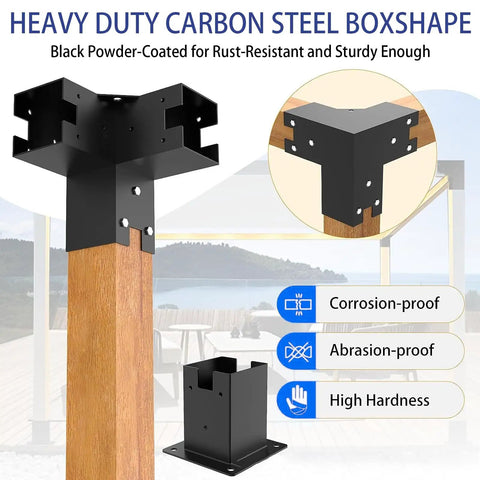 Beefy Black Pergola Bracket Kit 4 Pack T Shaped For 3.5x3.5 Inch Wood Beams With Screws Outdoor Gazebo And Party Bracket Set 3 Way Base Heavy Duty All Weather Hardware