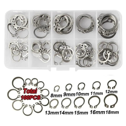 Stainless Steel C Clip Retaining Rings And Washers Kit, 100 Pcs, 8-18mm Bearing Snap Rings assortment in plastic organizer