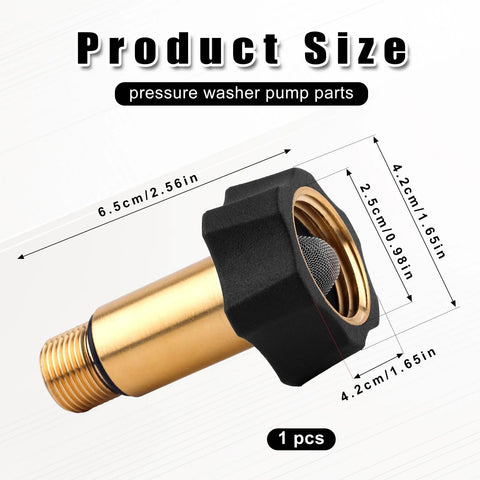 Close-up of brass high-pressure washer inlet fitting with black hex nut and mesh screen