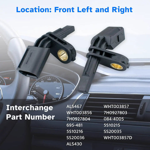 Slick Front Abs Wheel Speed Sensors Built Tough For Driver Or Passenger Side Snappy Replacement Part With Oem Fitment For Vw Passat Jetta Tiguan Beetle Gti Golf Cc Audi A3 Tt 2006 To 2018, showing front left and right sensor view.