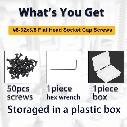 Image showing Heavy Duty Flat Head Socket Cap Screws Kit DIY Friendly Size Six Thirty-Two by Three-Eighths Ten Point Nine Carbon Steel with hex wrench and box.