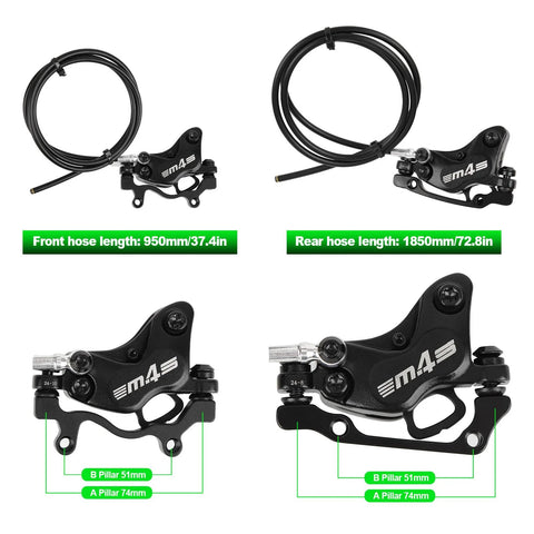 Front and rear views of JFOYH 4-piston e-bike hydraulic disc brakes with long hoses and power-off sensor connector