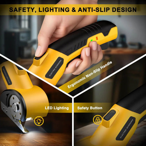 Cordless Electric Scissors Cardboard Cutter with LED Light and Safety Lock, ergonomic non-slip handle, close-up view