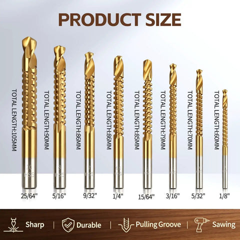 Eight Pack Titanium Coated HSS Twist Drill Bits Metric Set 3 To 10MM showcasing sizes and lengths of high speed steel drill bits.