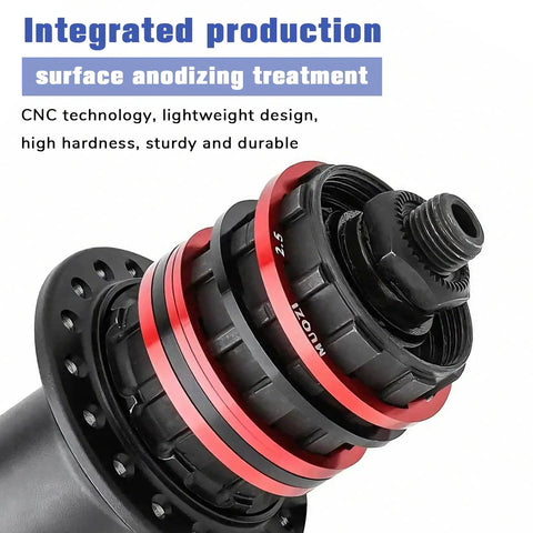 Close-up of 14 Piece Bicycle Cassette Spacer Washer Set Dialed In With Seven Thickness Options on hub with anodized treatment