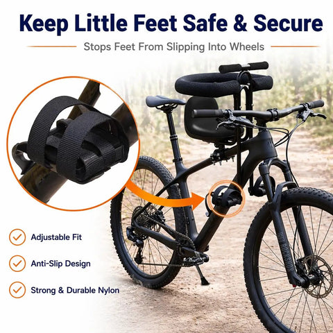 Front Mounted Child Bike Seat For Adult Mountain Bikes With Full Guardrail And Foot Pedals And Removable Foot Straps Adjustable Height