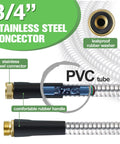 Diagram of Heavy Duty Stainless Steel Garden Hose 150 Ft With Three Quarter Inch Brass Fittings, Kink Free, showing connectors.