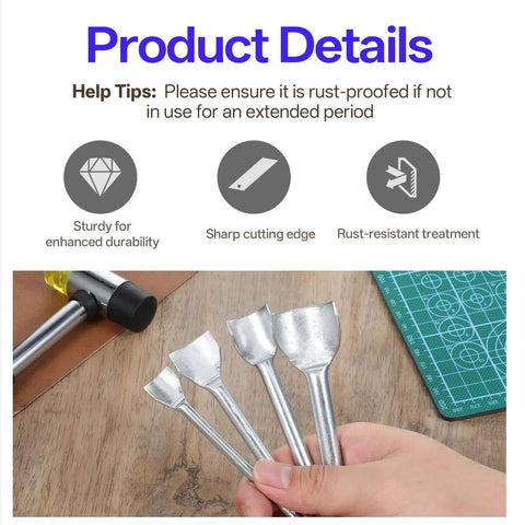 Set of leather corner punches with rubber hammer on table, part of 14 Size Leather Corner Punch Set With Half Round And Quarter Round Punches