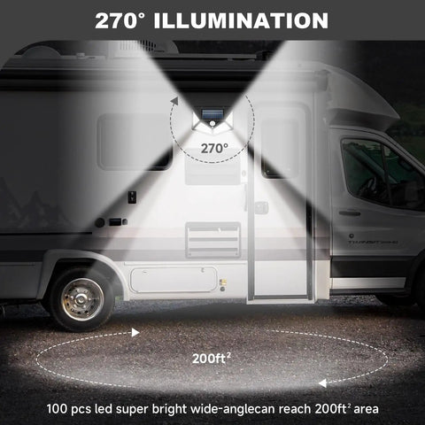 Magnetic Solar RV Light With Motion Sensor For Camper And Motorhome 100 LED Exterior Porch Light illuminating RV entrance
