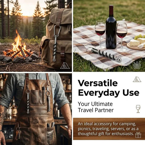 Pocket Size Wine Opener Keychain With Stainless Steel Corkscrew near campfire, picnic setup, and apron, showcasing versatile use.