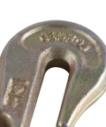 Close-up of 1/4 Inch Chain Hooks G70 Clevis Grab Hooks with Zinc Finish for trailer truck transport and secure rigging.