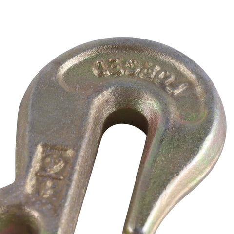 Close-up of 1/4 Inch Chain Hooks G70 Clevis Grab Hooks with Zinc Finish for trailer truck transport and secure rigging.