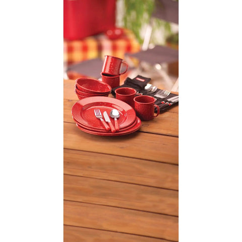 Enamel Dinnerware Set For Outdoor Dining, 24-Piece Camp Kitchen Includes Plates Mugs Bowls And Silverware For Four, on wooden table