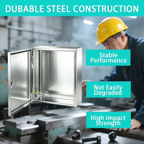 Heavy Duty Solid 304 Stainless Steel Electrical Enclosure Box 12x10x6 Inches open to show durable construction and secure features.