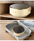 Portable Foldable Washing Machine 13 Liter Mini Washer With Spin Basket displayed in a cabinet and suitcase for travel convenience.