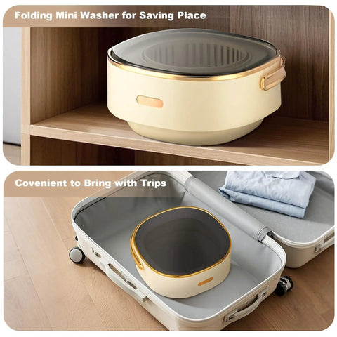 Portable Foldable Washing Machine 13 Liter Mini Washer With Spin Basket displayed in a cabinet and suitcase for travel convenience.