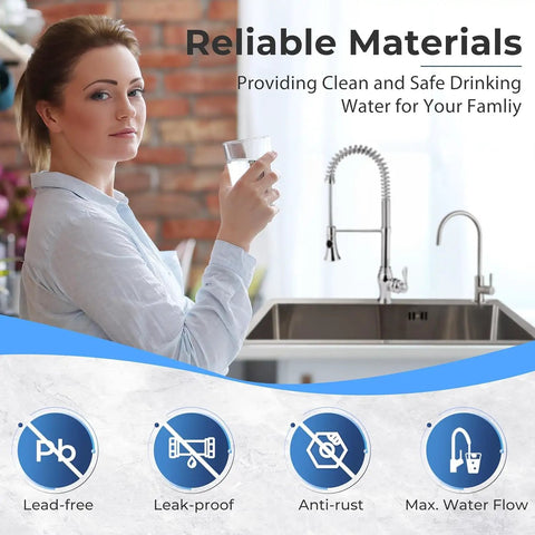 Premium Heavy Duty Reverse Osmosis Faucet For Kitchen Sink with woman holding glass of water in kitchen