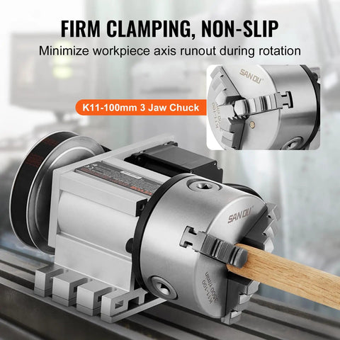 Heavy Duty Dividing Head With K11 3 Jaw Chuck And Mt2 Tailstock 4Th Axis A Axis Rotary Indexing Head For Cnc Milling Machine, close-up of clamping action.