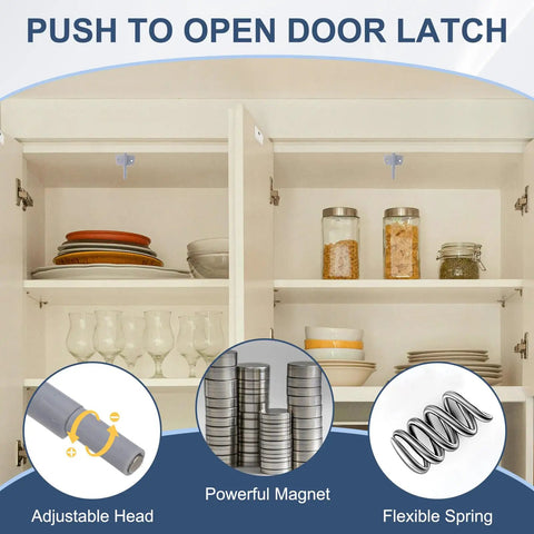 Magnetic Push Latches Set For Cabinets And Drawers, Hidden Touch Latch Hardware, Gray Finish, Push To Open, Adjustable Gap