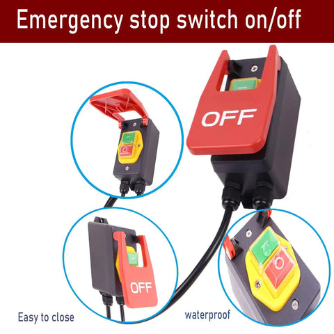 Emergency Stop Cover Switch Power Extension Cable 110V 120V Single Phase On Off Switch paddle style with cable and button details