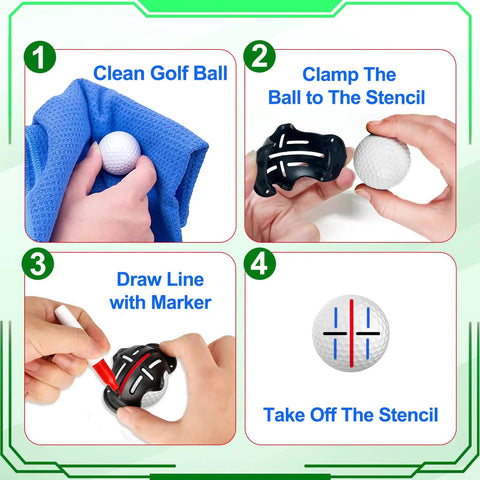 Golf Ball Line Marker Kit With 3 Stencils And 3 Color Markers In Red Blue And Black Alignment Tool For Golf Balls steps guide