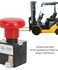 Heavy Duty Metal Emergency Stop Push Button Switch For Electric Forklift And Stacker With Instant Shut Off Rated At DC-80 Volts And 125 Amps, red button design, suitable for industrial use.
