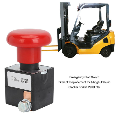 Heavy Duty Metal Emergency Stop Push Button Switch For Electric Forklift And Stacker With Instant Shut Off Rated At DC-80 Volts And 125 Amps, red button design, suitable for industrial use.