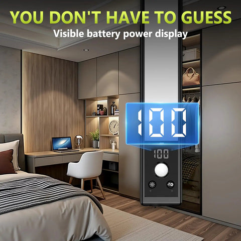 Six Pack 10 Inch Under Cabinet Lights With Digital Battery Level Display, shown in a bedroom with visible blue display.