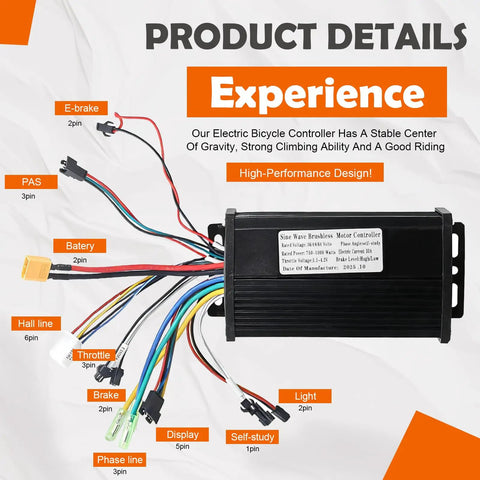 Beefed-Up Ebike Controller For 36V 48V 64V Systems, 750W 1000W, 30A Sine Wave Brushless Motor Controller showing connection cables