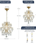 Top Tier Gold Crystal Raindrop Pendant Chandelier Featuring Durable Glass Tubes And Adjustable Chain Ceiling Light E26 Socket dimensions with specs.