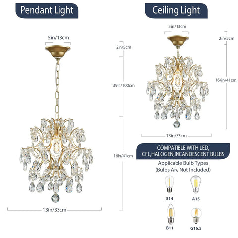 Top Tier Gold Crystal Raindrop Pendant Chandelier Featuring Durable Glass Tubes And Adjustable Chain Ceiling Light E26 Socket dimensions with specs.
