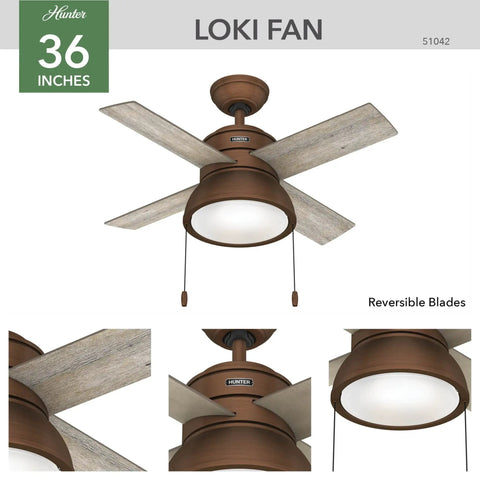 Loki Indoor Ceiling Fan With LED Light And Pull Chain, 36 Inch, Weathered Copper Finish, showing reversible wood blades