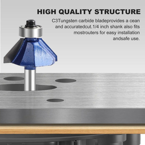 45 Degree Chamfer Router Bit Set For Woodworking, 1/4 Inch Shank, close-up of C3 carbide bit on metallic surface.