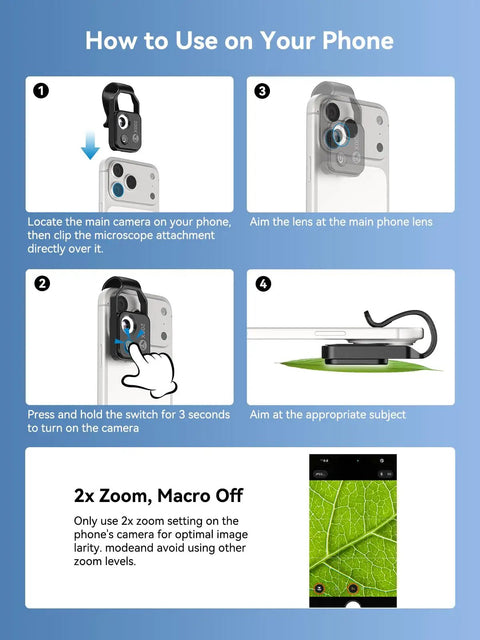 Pocket Phone Microscope 200X With LED Light And CPL Filter, Camera Attachment For iPhone And Android, No App Needed, using 2x zoom on phone