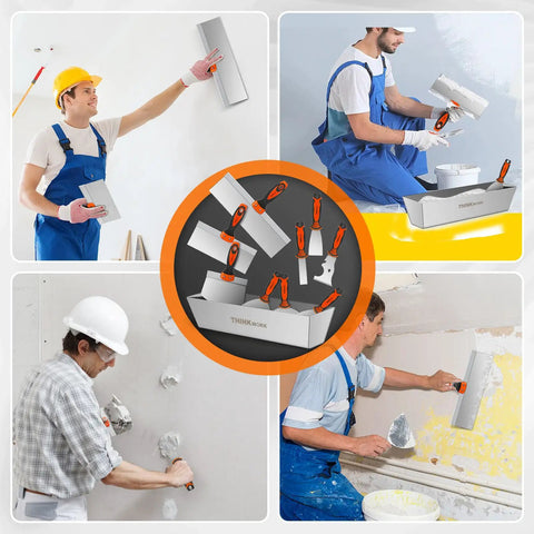 Collage of workers using a 2-In-1 Razor Scraper Set With 20 Replacement Blades for removing decals, paint, and adhesive safely.