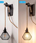 Two Pack Plug In Farmhouse Wall Sconces Set With Industrial Wheel Cage Shade In Black, 13ft Hemp Rope Cord, lighting on and off