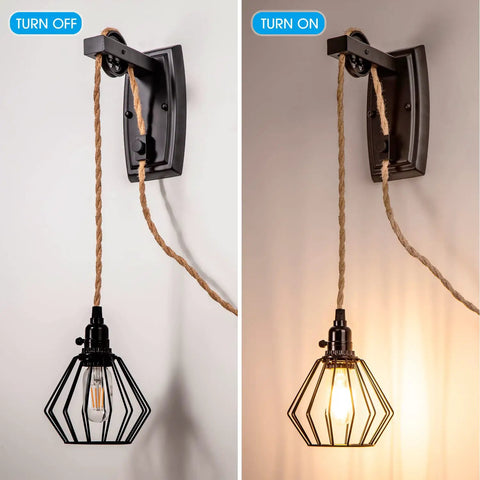 Two Pack Plug In Farmhouse Wall Sconces Set With Industrial Wheel Cage Shade In Black, 13ft Hemp Rope Cord, lighting on and off