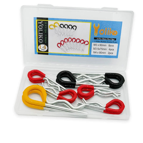 R-clip hitch pin set, Yoliko 14-pack with rubber-coated grips in red, yellow, black; sizes M3x60, M3.5x75, M4x90 case