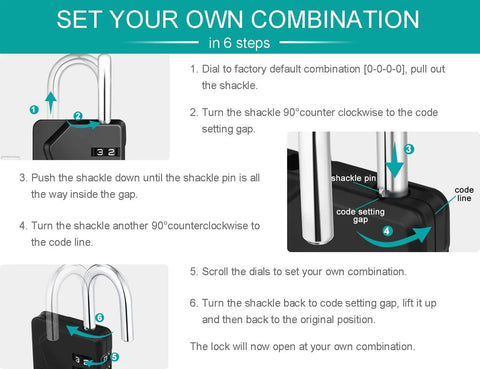 Step-by-step guide for Small Combo Padlocks For Gym And School Lockers setting combination, featuring dial and shackle.