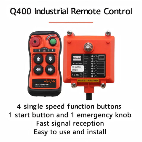 Q400 4 Button Industrial Wireless Remote Control For Hoist Crane With 100M Range And IP65 Weatherproof design showing button layout and receiver.