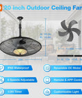 Outdoor Ceiling Fan With Light For Patios And Pergolas, 20-Inch IP65 waterproof gazebo fan with remote, 6 speeds, 3-CCT dimmable lighting